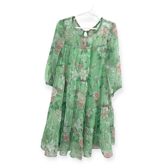 AND Girls Floral Tiered Trapeze Dress in green Size 9-10 yrs - Picture 1 of 7